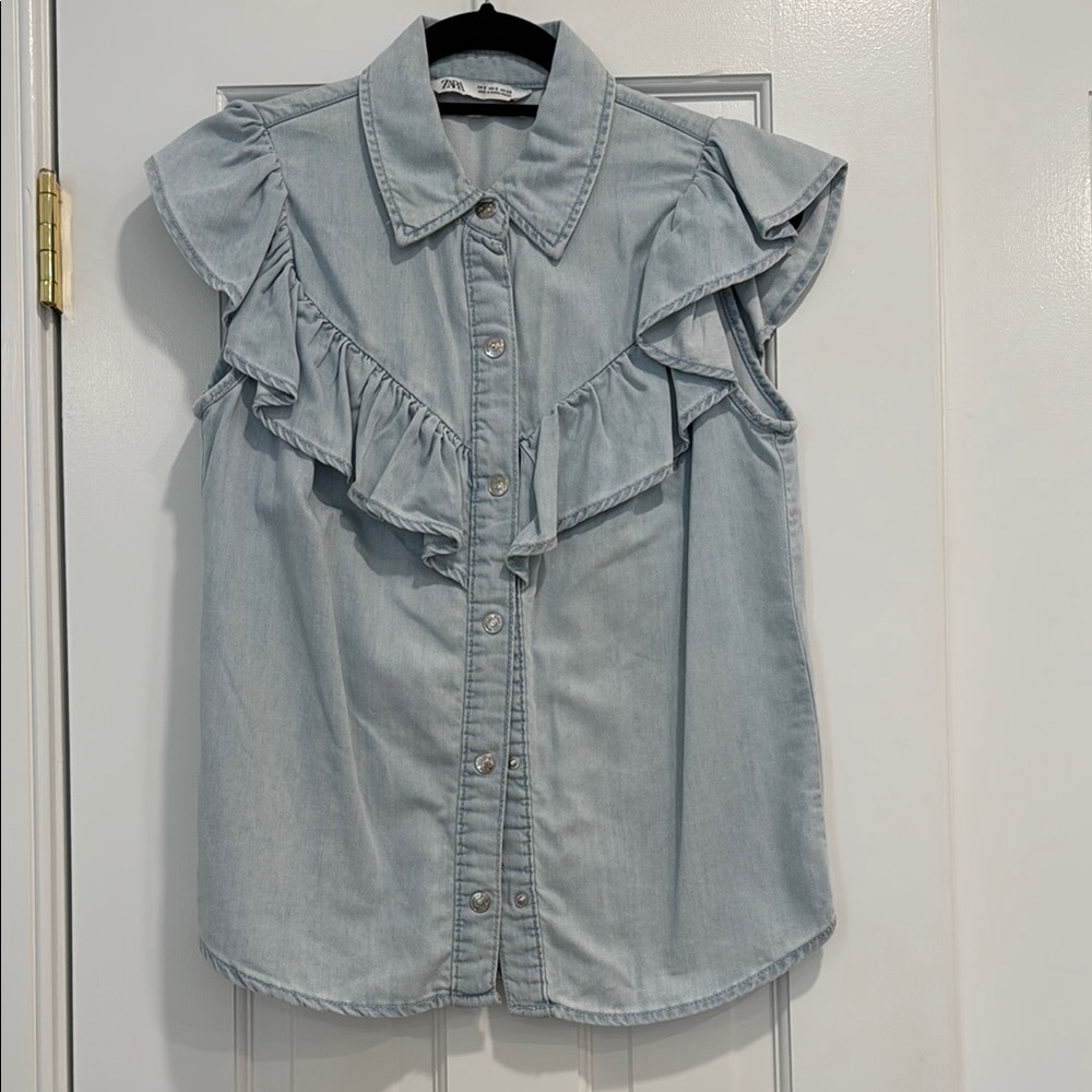 Zara Blue Ruffled Flutter Sleeve Button Down Shirt
